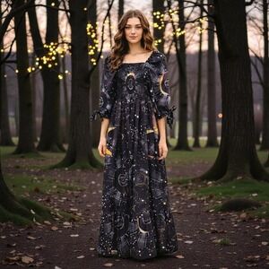 Coramoon Maxi Dress Med Celestial Whimsigoth Astrological Witchy Black Smocked
